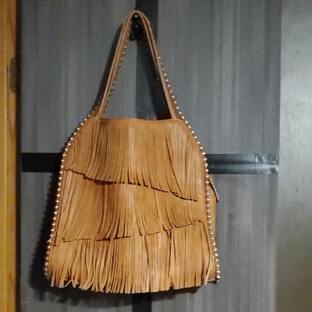 Jennifer Lopez Tan Fringe Shoulder Bag with Stud Trim